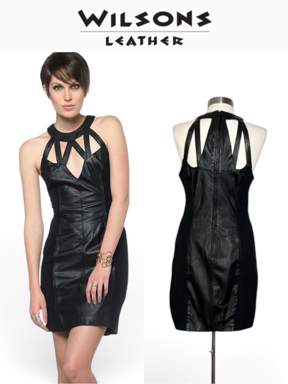 VINTAGE Y2K WILSONS BLACK LEATHER CAGE NECK LYCRA BODY CON MINI DRESS SIZE LARGE